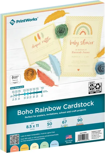 PrintWorks - Cartulina Boho Rainbow de 8.5 x 11 pulgadas, 50 hojas, 5 tonos bohemios surtidos, ideal para proyectos escolares y artesanales, 67