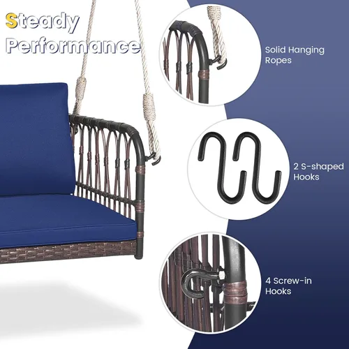 Miniatura 7 de HAPPYGRILL Silla de columpio para porche, asiento colgante tejido de ratán con cuerdas para colgar, ganchos de cojines, banco colgante de mimbre