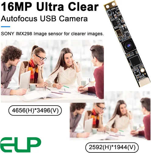 Miniatura 6 de ELP Cámara USB de enfoque automático de 16 MP con micrófono - Mini cámara UVC USB2.0 Lightburn - Lente sin distorsión de 68 grados