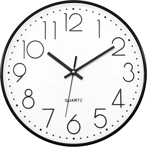 Foxtop Reloj de pared negro de 12 pulgadas, silencioso, sin tictac, de cuarzo, funciona con pilas, reloj redondo fácil de leer para oficina, aula,