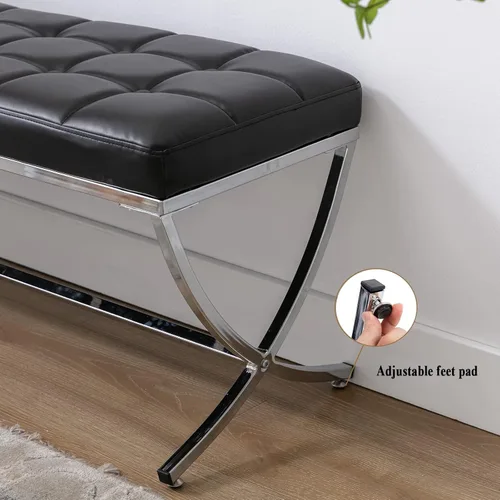 Miniatura 6 de DUOMAY Moderno banco otomano copetudo, banco de comedor tapizado de piel sintética, reposapiés con botones y patas de metal, 45.75 pulgadas de ancho