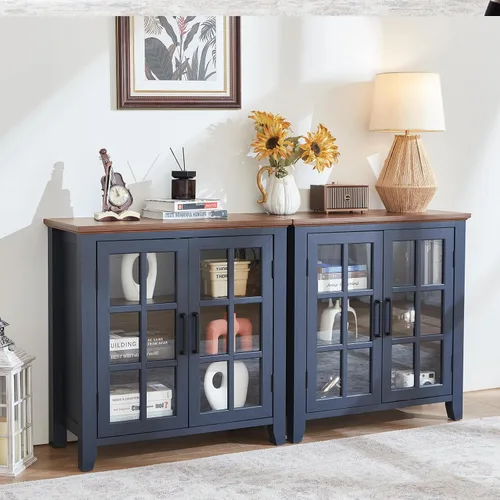 Miniatura 7 de Aparador Grande Buffet con Almacenamiento, 32" Mueble de Cocina Estilo Granja Azul Marino para Café y Vino con 2 Puertas de Vidrio, Mesa Aparador