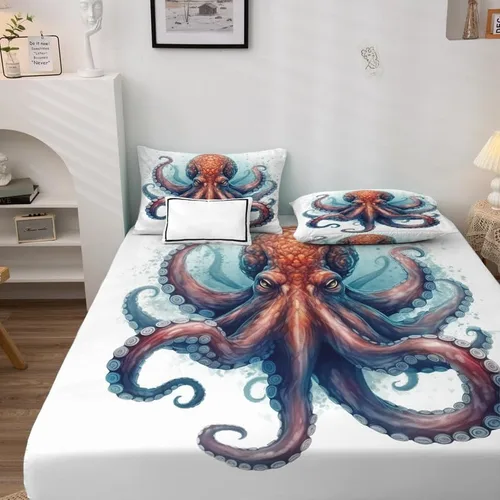 Miniatura 3 de Octopus Sheets - Juego de sábanas de tamaño individual, sábanas de microfibra suave, bolsillo profundo, sábanas y fundas de almohada estampadas sin