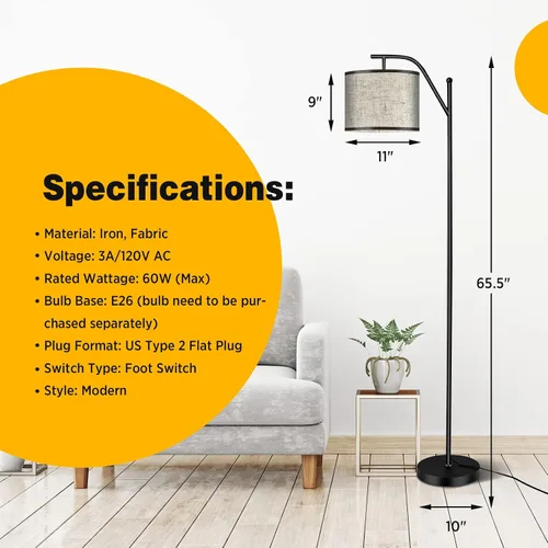 Miniatura 3 de Tangkula Lámpara de pie para sala de estar, lámpara de poste alto de mediados de siglo con pantalla colgante de arco, interruptor de pie y base