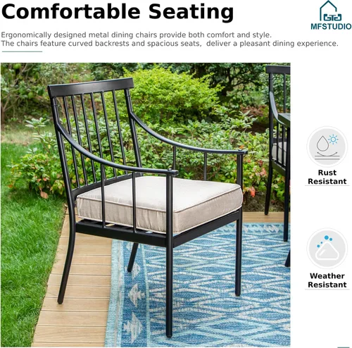 Miniatura 5 de MFSTUDIO Juego de comedor de 5 piezas de metal para patio, juego de muebles para exteriores con 1 mesa cuadrada de madera y 6 sillas de respaldo