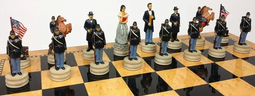 Miniatura 4 de Juego de ajedrez de reinas de la guerra civil estadounidense con tablero de almacenamiento de color nogal y arce de 17 pulgadas de alto brillo