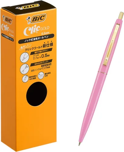 Bic Japan Bic CFCGBPK05BLKJ Bolígrafo, Click Gold, 0.5, A Base de Aceite, Negro, Suave, Eje Rosa Bebé, 12 Piezas