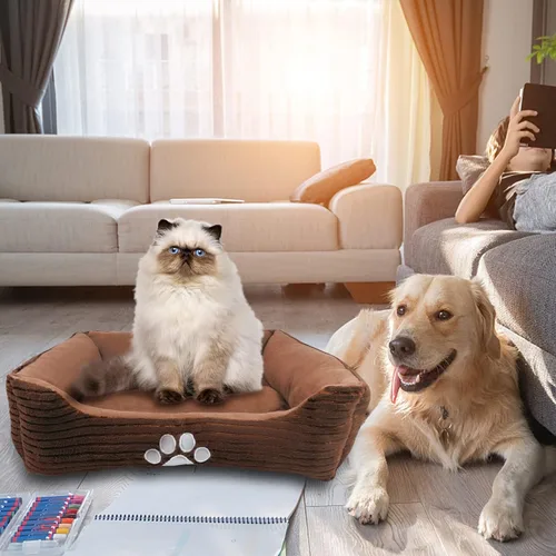 Miniatura 2 de Happycare Textiles - Cama para perro rectangular larga para mascotas con bordado de huella de perro, tamaño mediano, Coffee