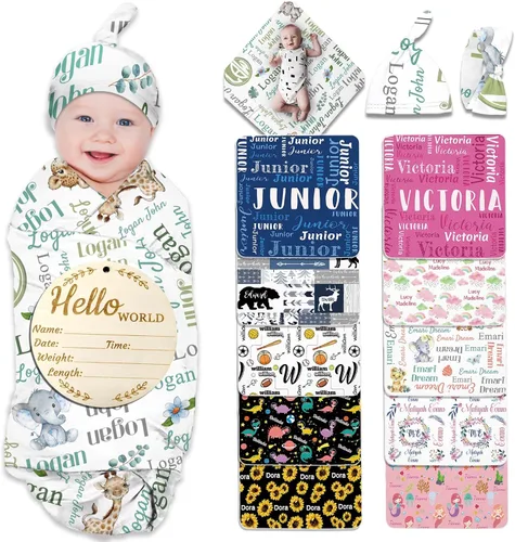 Miniatura 22 de Manta de bebé personalizada para niña y niño, manta de recepción con nombre personalizado con diadema de lazo y sombrero, regalos personalizados