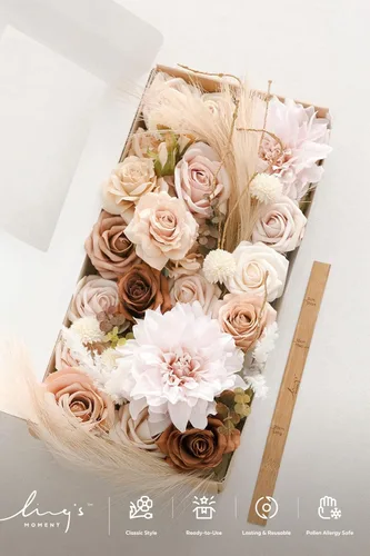 Miniatura 6 de Ling's moment Caja de flores artificiales, tallos de follaje artificial falso, rosas de espuma, dalia de seda, hierba de pampas, flor de tela