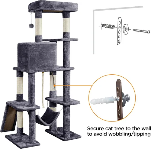 Miniatura 5 de Topeakmart Árbol para gatos de 63 pulgadas, mueble grande de torre para gatos con condominio para gatos, plataforma acolchada y poste rascador
