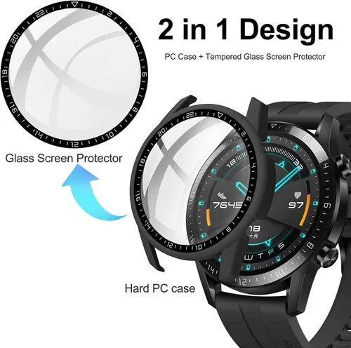 Miniatura 6 de [Paquete de 2] Funda con protector de pantalla de vidrio templado compatible con Huawei Watch GT2 de 1.812 pulgadas, dureza 9H de 360°, funda