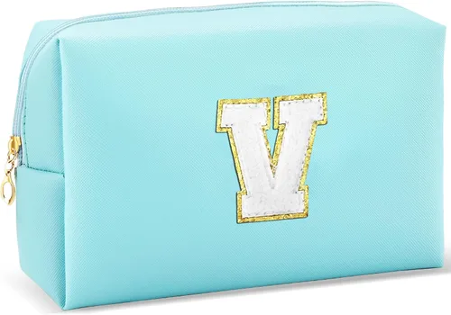Miniatura 31 de URSKYTOUS Regalos para niñas, bolsa de maquillaje con inicial, bolsa de cosméticos personalizada con cremallera, bonita bolsa de aseo de viaje, Azul