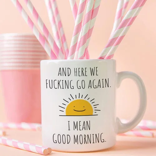 Miniatura 4 de Fatbaby Taza de café divertida para mujeres y hombres, Here We Fucking Go Again I Mean Good Morning, regalos de cumpleaños y Navidad, regalos