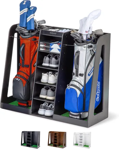 GoSports Organizador de bolsas de golf de madera prémium y estante de almacenamiento, capacidad para 2 bolsas de golf, acabado negro, blanco o marrón