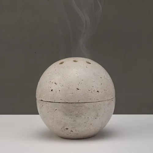 Miniatura 9 de Soporte de cono de incienso de travertino natural, hecho a mano, quemador de incienso de esfera de piedra para meditación, yoga, decoración