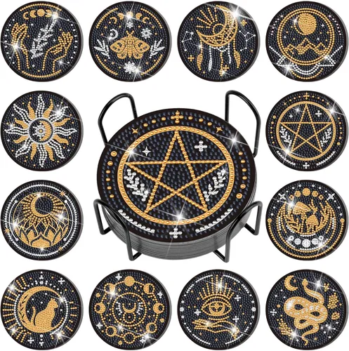 Xuhal Juego de 12 posavasos de pintura de diamantes de tarot, posavasos de arte de diamantes con soporte para bebidas de bricolaje para adultos,