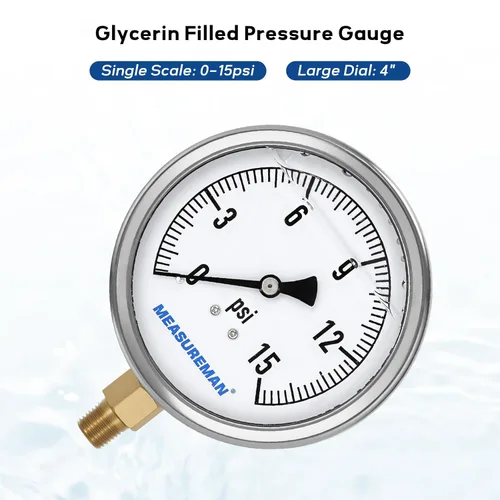 Miniatura 2 de MEASUREMAN Manómetro de plomería relleno de glicerina 0-15psi caja de acero inoxidable, esfera de 4 pulgadas, montaje inferior de latón NPT de 1/4