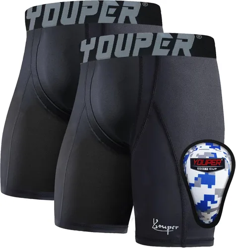 Youper Pantalones cortos deslizantes de compresión para niños con copa protectora suave para béisbol, fútbol, hockey (paquete de 2)
