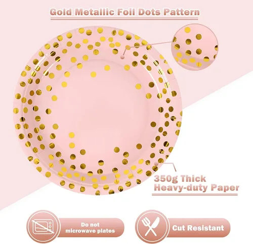 Miniatura 4 de Platos de Papel Rosa y Dorado - Paquete de 50 - 25 * 7 pulgadas Platos de Papel y 25 * 6.5 pulgadas Servilletas, Platos y Servilletas Rosa Dorado