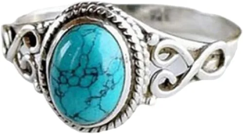Yuren Anillo vintage de plata de ley 925 para mujer, corte ovalado, joyería bohemia natural, turquesa, piedra lunar, joyería de boda, talla 6-10,