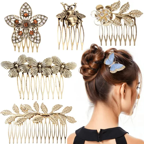6 peines laterales de pelo vintage para mujer, decorativos, mariposa, flores, perlas, diamantes de imitación, clip de dientes con agarre de dientes,