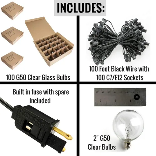 Miniatura 7 de Tira de luces para terrazas, 100 pies, con 100 focos transparentes G50, 130.00 volts Bombillas transparentes G50 de 100 pies - Cable negro