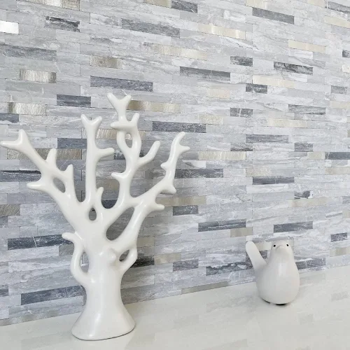 Miniatura 6 de DICOFUN - Azulejo adhesivo de loseta en muro para la cocina, piedra faxu gris claro, PVC con metal mixto, 1 lámina