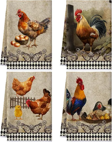 Miniatura 12 de Geyoga 4 toallas de cocina de pollo, gallo, toallas de mano con animales de granja, vaca, vintage, rústico, paño de té para primavera, Pascua, baño