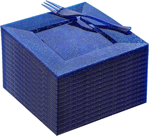Miniatura 11 de DaYammi 200 platos de postre dorados, incluyendo 100 platos de aperitivo de 6 pulgadas, 100 tenedores de plástico de 5.7 pulgadas, platos cuadrados