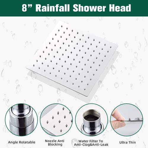 Miniatura 4 de Cabezal de Regadera - Juego de Grifo de Ducha Sistema Combo Cuadrado con Cabezal de Ducha de Lluvia de 20 cm, Montaje en Pared, Ducha de Mano, Acero