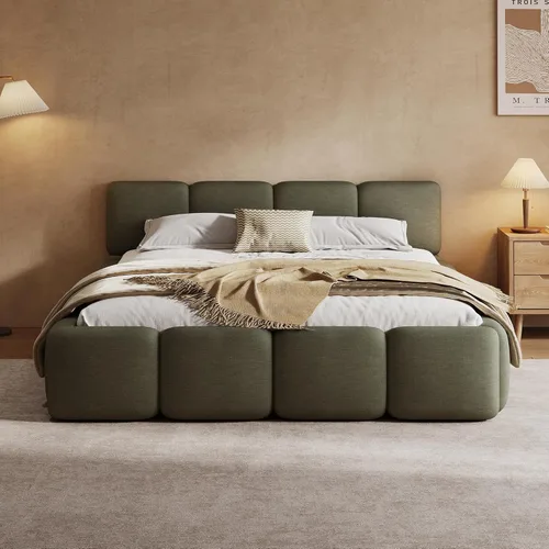 Miniatura 11 de Merax Cama de plataforma Boucle tamaño King con cabecero y estribo gruesos, marco de cama tapizado estilo bloque, color blanco