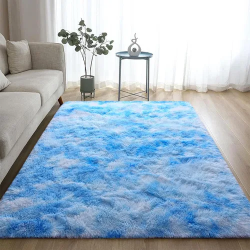 Miniatura 6 de DweIke Alfombras Shag Esponjosas Azules para Dormitorio Sala de Estar, 5x8 Grande Suave Felpa Tie-Dye Azul Cielo para Niñas y Niños, Alfombra Azul