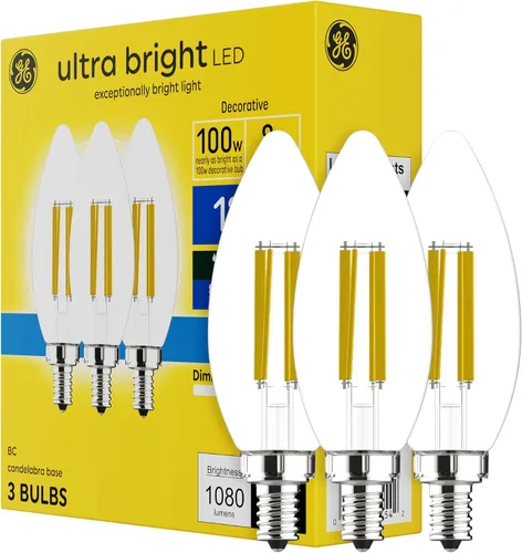 GE Bombillas LED ultra brillantes, 100 W, luces de vela de luz diurna, bombillas B12 decorativas transparentes (paquete de 3)