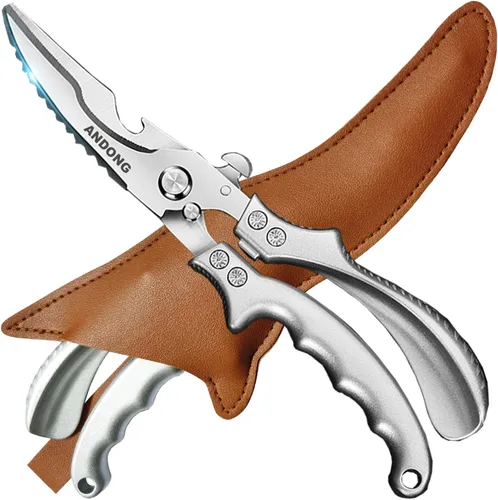 ANDONG Tijeras de cocina resistentes profesionales para aves de corral - Tijeras de cocina y carne de acero inoxidable con funda de cuero, tijeras