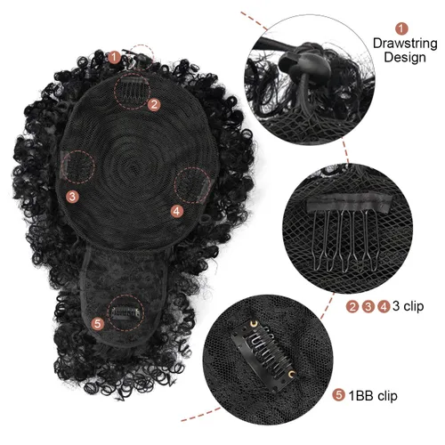 Miniatura 3 de Cola de caballo con cordón para mujeres negras Afro Puff Cola de caballo con cordón con flequillo Cola de caballo corta crespa y rizada Moño cola
