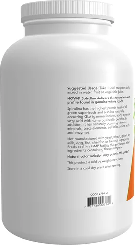 Miniatura 3 de NOW Suplementos, orgánico certificado, polvo de espirulina, rico en betacaroteno (vitamina A) y B-12 con GLA y clorofila naturales, 1 libra