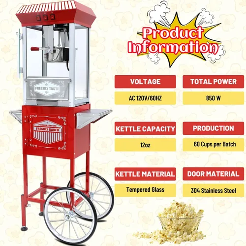 Miniatura 3 de Máquina de palomitas de maíz de 12 onzas con carro, hervidor de acero inoxidable de 12 onzas y luz de calentamiento, regalos de Navidad, regalos