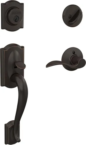 Schlage F60 V CAM 716 ACC - Juego de manijas para puerta de entrada con manija Accent, diseño Camelot, cerradura de entrada con llave de lado único,