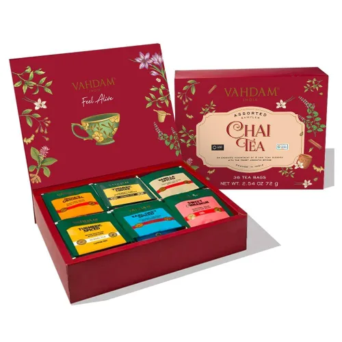 VAHDAM, Paquete surtido de té Chai (6 deliciosos sabores, 36 bolsas de té piramidales ecológicas) con cafeína, sin gluten, sin OMG, mezclas de té