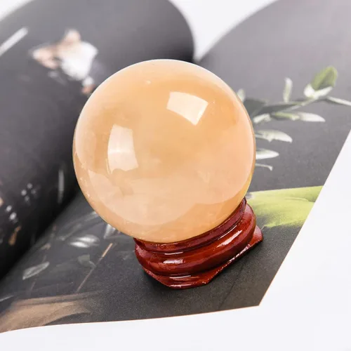 Miniatura 2 de Escultura de esfera de adivinación de cristal curativo de citrino natural con soporte de madera Feng Shui Chakra Aura, decoración de escritorio
