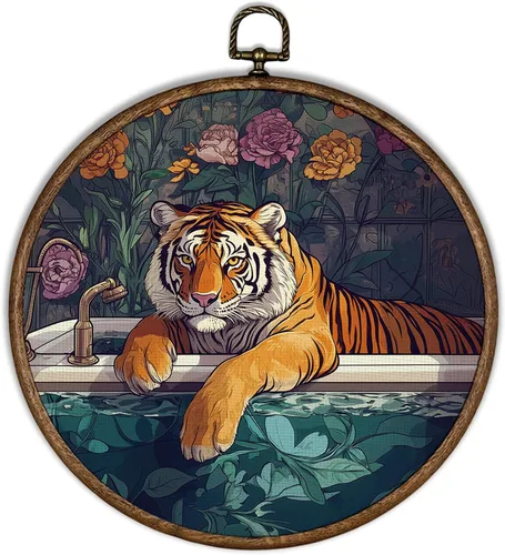 XBBMGG Maximalist - Decoración de pared de tigre para baño, divertido tigre en la bañera, decoración redonda para colgar en la pared, impresiones en