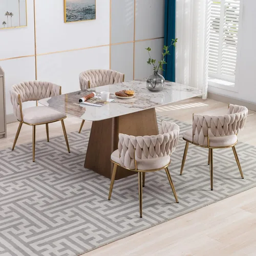 Miniatura 2 de KCC Juego de 2 sillas de comedor modernas de terciopelo, sillas tapizadas para sala de estar con respaldo tejido y patas de metal dorado, silla
