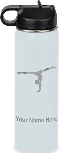 Miniatura 38 de LaserGram Botella de agua personalizada, gimnasta niña, acero inoxidable de doble pared aislada al vacío con popote superior, regalo grabado Azul