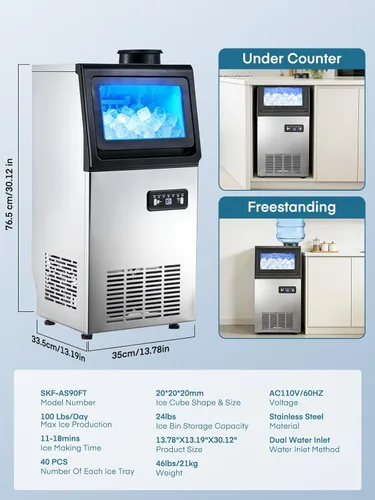 Miniatura 9 de Máquina comercial para hacer hielo, 100 libras/24 horas, máquina de hielo independiente y debajo del mostrador con 2 entradas de agua, 40