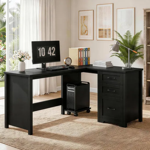 Miniatura 16 de Vabches 47" Farmhouse Executive Desk with Monitor Stand & File Cabinet,3 Drawers Computer Desk with LED Lights and Power Outlets,Workstation for
