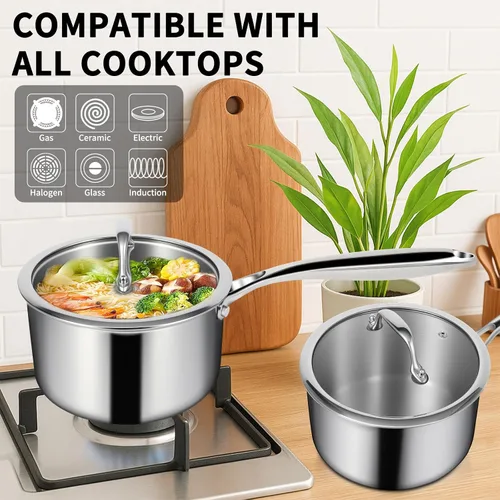 Miniatura 3 de EWFEN Juego de sartenes de acero inoxidable de 3 capas con tapas, olla multiusos de 1 y 2 cuartos de galón, mango que se mantiene fresco, horno
