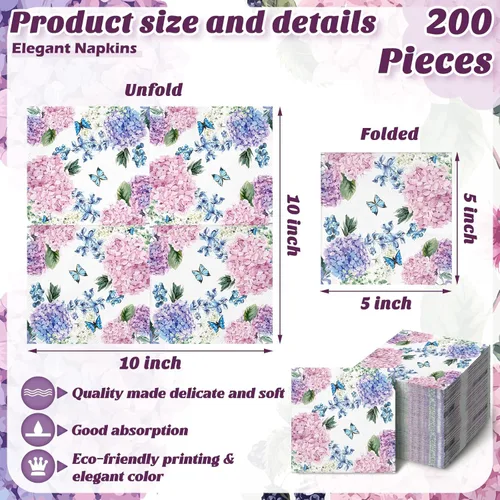 Miniatura 3 de Hotop Paquete de 200 servilletas de hortensias moradas para invitados, día de la madre, servilletas florales de mariposa, desechables, toallas
