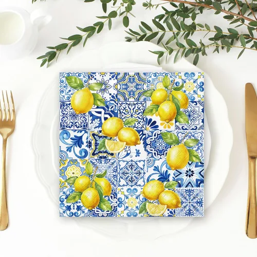 Miniatura 7 de JarThenaAMCS 80 servilletas de papel con azulejos y limones, servilletas desechables azules y amarillas, servilletas decorativas de cítricos