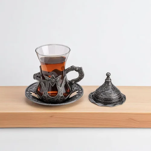 Miniatura 7 de Alisveristime Juego de 6 vasos de té turco hechos a mano Zamzam para servir vasos platillo y cuchara (negro)
